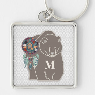 Monogram with Bear in Brown Native American Theme Key Ring