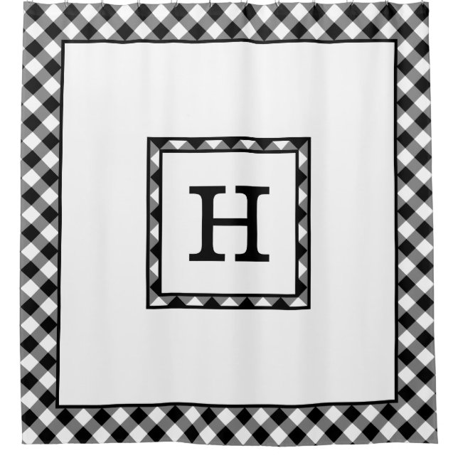 Monogram with Black White Buffalo Check Border Shower Curtain (Front)