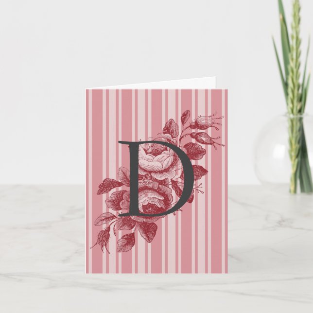 Monogram with Cabbage Roses and Stripes Note Card (Front)