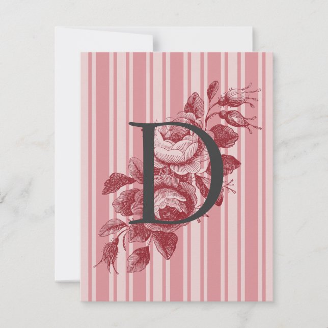 Monogram with Cabbage Roses and Stripes Thank You Card (Front)