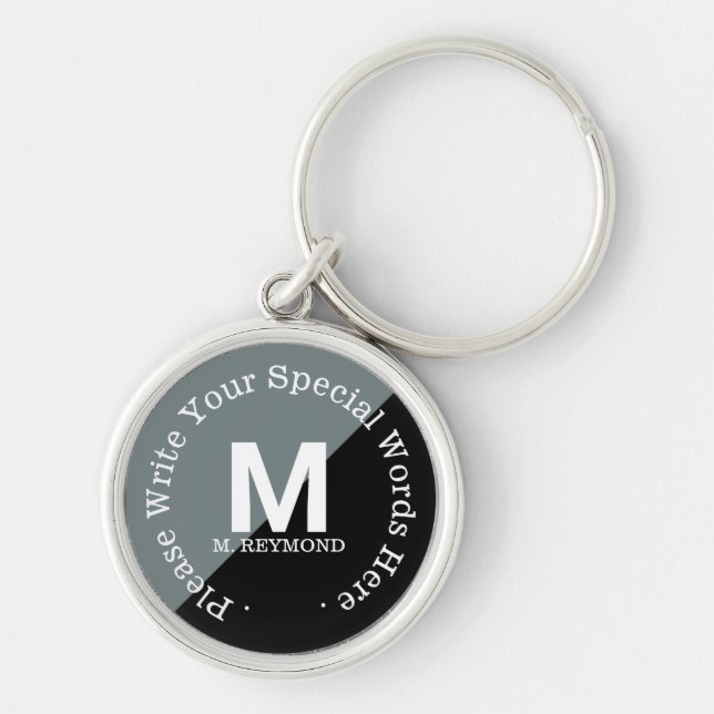 monogram with custom text on black & grey key ring (Front)