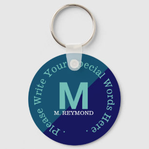 monogram with custom text on two tone blue key ring