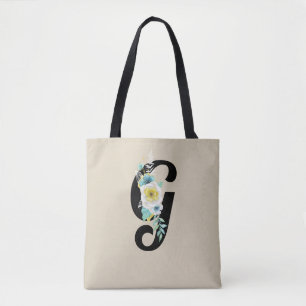 Monogram with Floral Spray White and Aqua Tote Bag