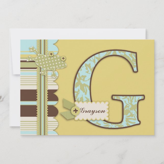 Monogram with Frog and Stripe Print Baby Shower Invitation (Front)