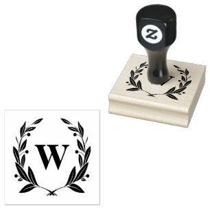 Monogram with Geometric Leaf Berries Wreath Rubber Stamp