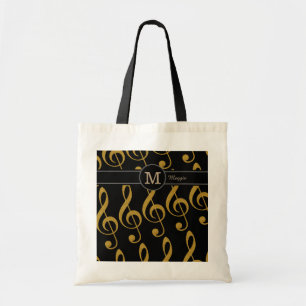 monogram with golden musical notes tote bag