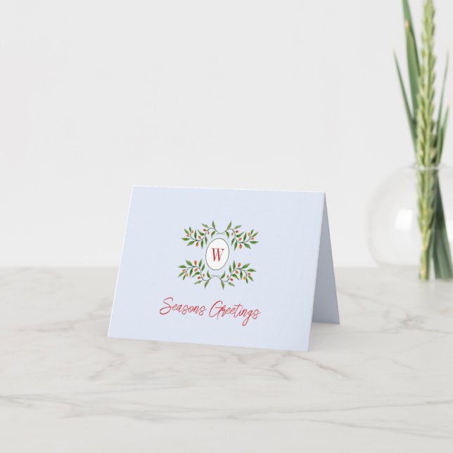 Monogram with Greenery Non photo Folded Holiday  C Card (Front)