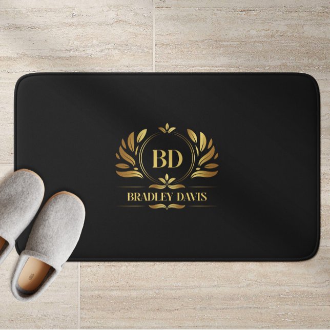 Monogram With Name Black Gold Elegant Bath Mat (Creator Uploaded)