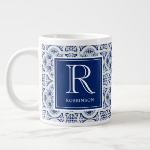 Monogram with Name Blue Sicilian Tile Large Coffee Mug