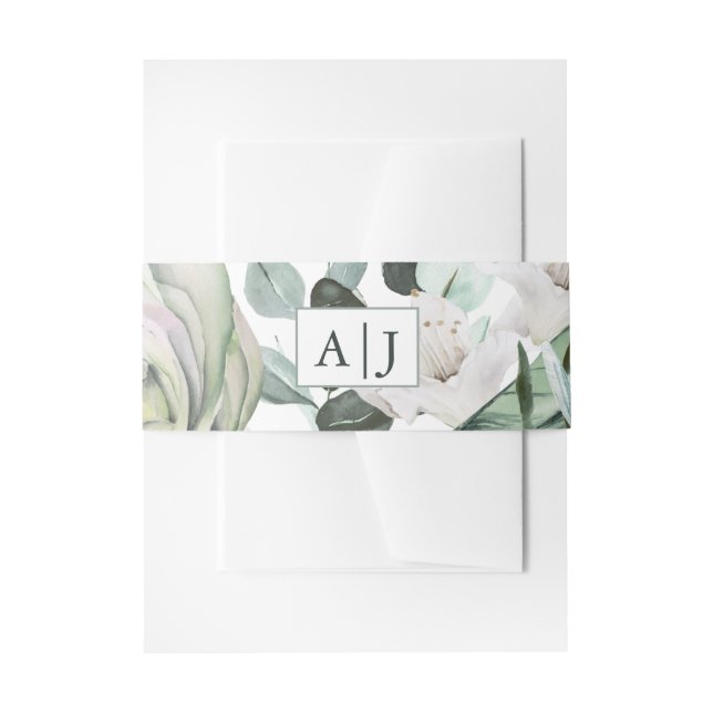Monogram with White Floral Wedding Invitation Belly Band (Front Example)