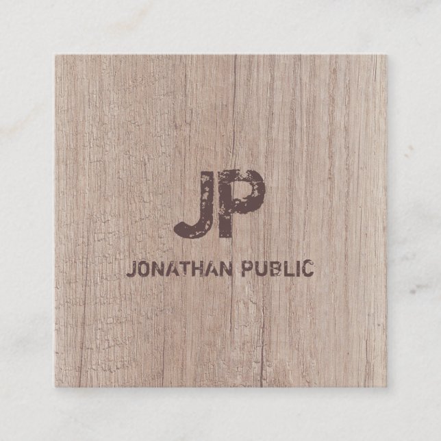 Monogram Wood Board Look Elegant Distressed Text Square Business Card (Front)