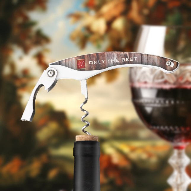 Monogram Wood Corkscrew Bottle Opener (A wine corkscrew bottle opener featuring a rustic wood design burgundy gold monogram text )