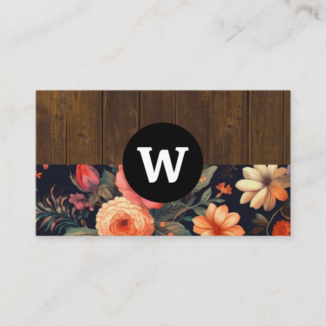 Monogram | Wood Grain | Floral Pattern Business Card (Front)