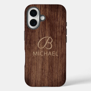 Monogram Wood Grain Timber Personalised Name iPhone 16 Case
