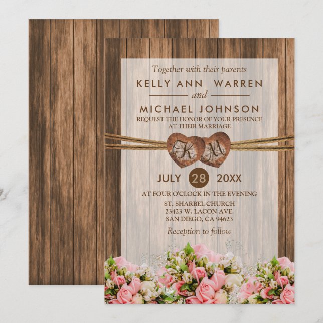 Monogram Wood Hearts with Pink and White Roses Invitation (Front/Back)