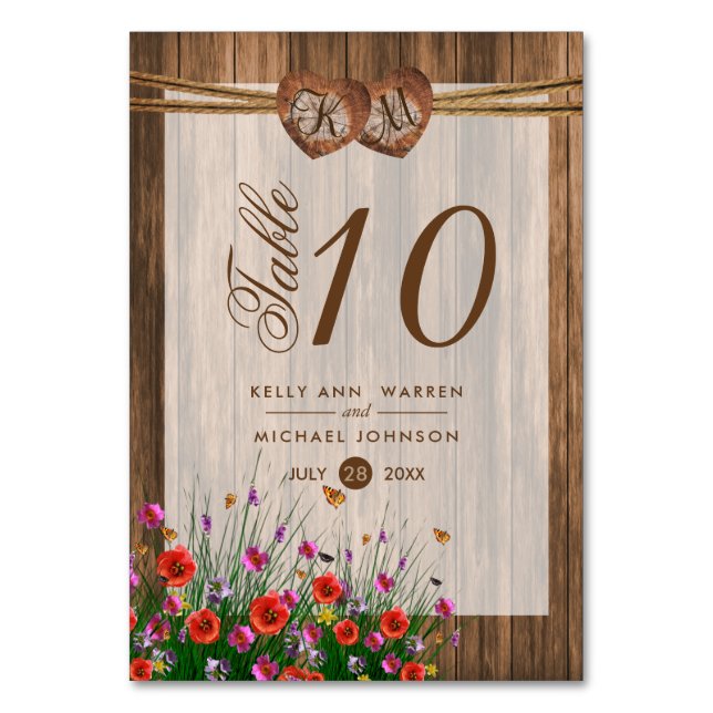 Monogram Wood Hearts with Wildflower - Table  Card (Front)