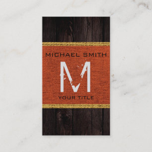 Monogram Wood Look Orange Burlap Rustic Business Card