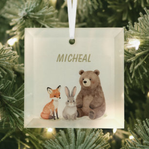 Monogram woodland forest animals glass tree decoration