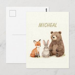 Monogram woodland forest animals postcard