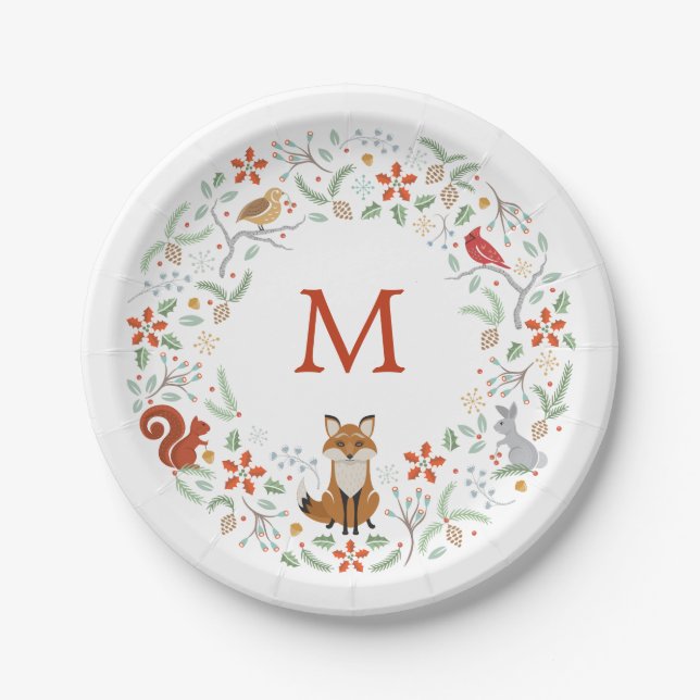 Monogram Woodland Wreath Paper Plate (Front)