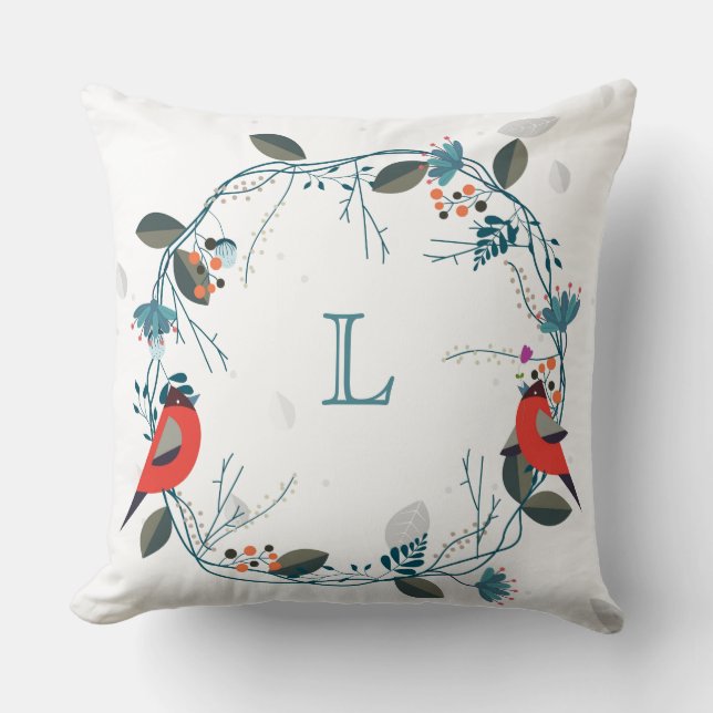 Monogram Wreath And Bird Custom Pillow (Front)