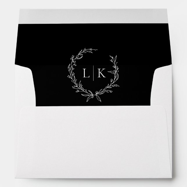 Monogram Wreath Black | White Classic Wedding Envelope (Back (Bottom))