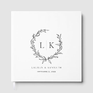 Monogram Wreath Black White Wedding Guest Book