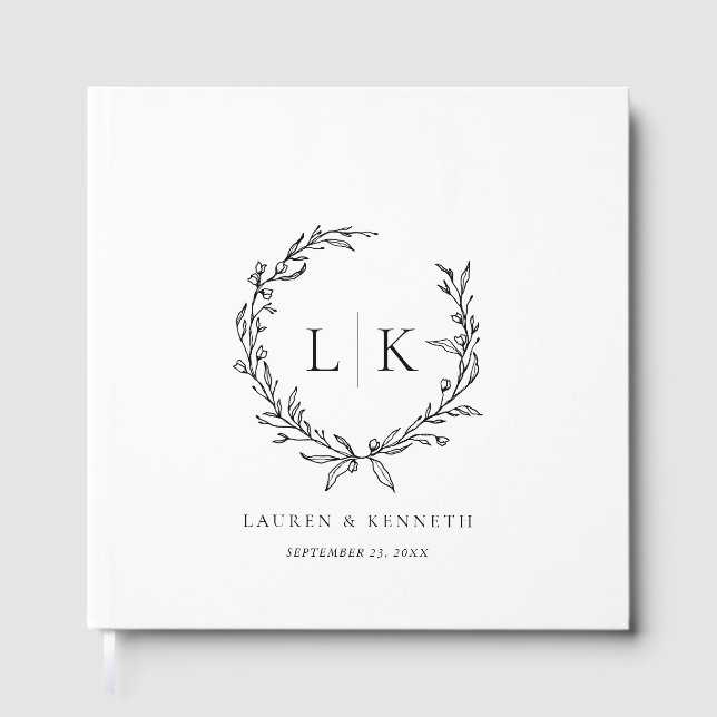 Monogram Wreath Black White Wedding Guest Book (Front)