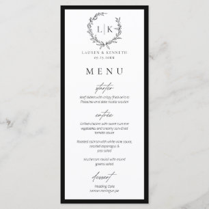 Monogram Wreath Black   White Wedding Menu Card