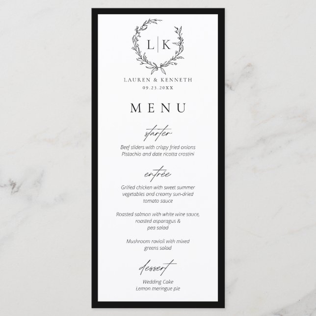 Monogram Wreath Black | White Wedding Menu Card (Front)