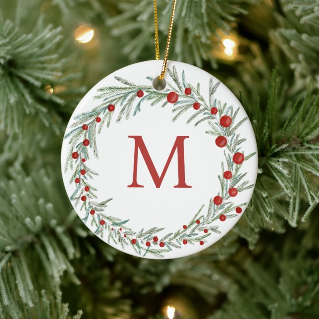 Monogram Wreath Christmas Ceramic Ornament (Tree)