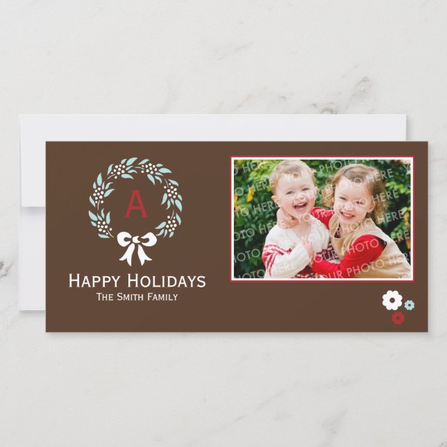 Monogram Wreath Christmas Photo Card (Front)