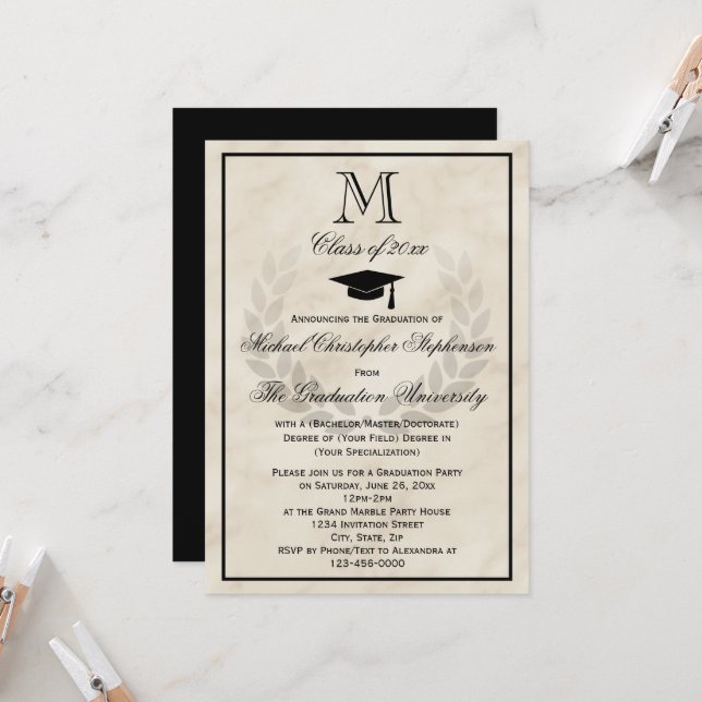 Monogram Wreath Classic College Graduation Invitation (Front/Back In Situ)