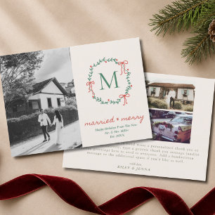 Monogram Wreath Doodle Bow Elegant 4 Photo Wedding Holiday Card