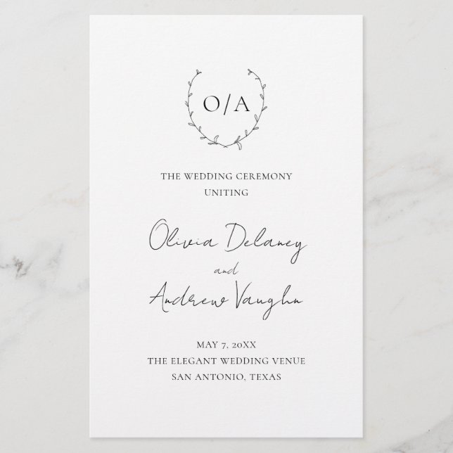 Monogram Wreath Elegant Budget Wedding Program Flyer (Front)