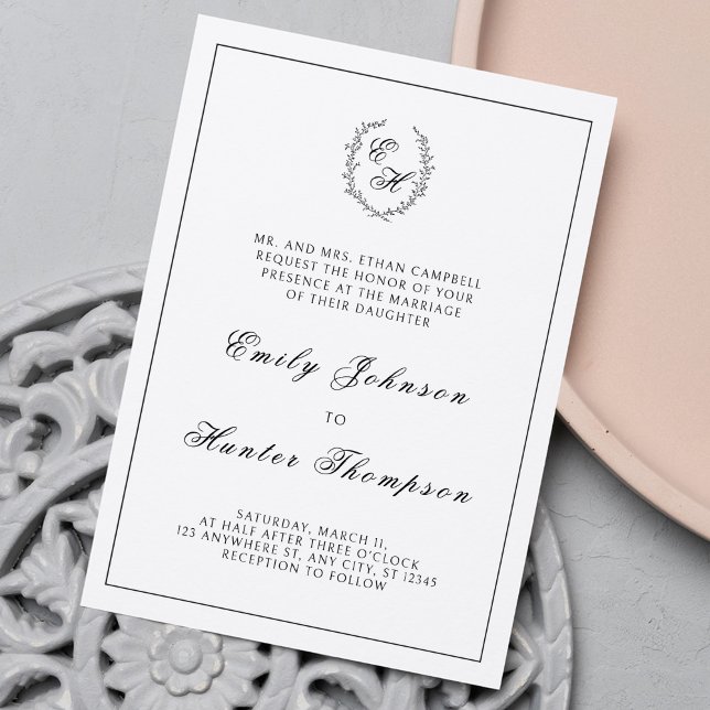 Monogram Wreath Elegant Wedding Invitation (Creator Uploaded)