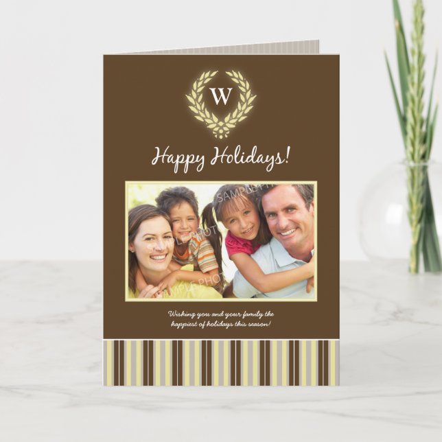 Monogram Wreath Family Holiday Card (brown) (Front)