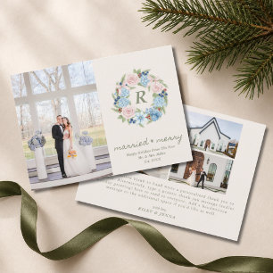 Monogram Wreath Floral Grandmillennial Wedding Holiday Card