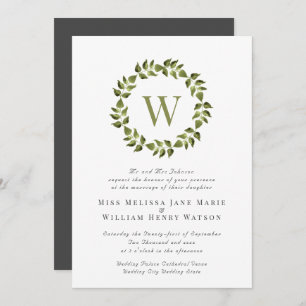 Monogram Wreath Green Wedding Invitation