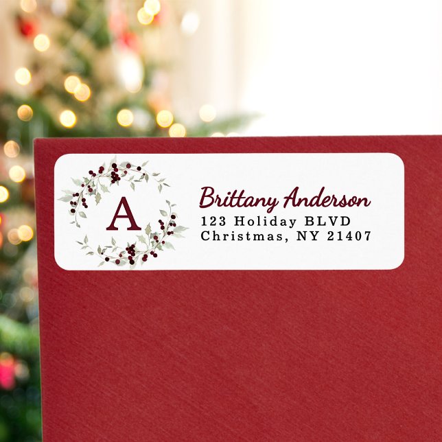 Monogram Wreath Holly Christmas Return Address (Creator Uploaded)