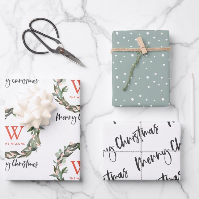 Monogram Wreath Merry Christmas Holiday Wrapping P Paper Sheet (Front)
