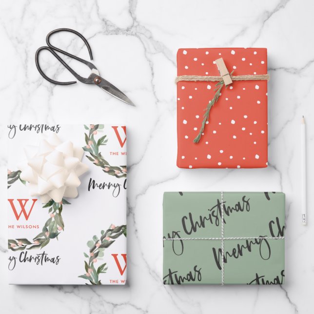 Monogram Wreath Merry Christmas Holiday Wrapping Paper Sheet (Front)