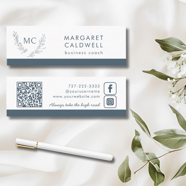Monogram Wreath Neutral Slate Grey Mini Business Card (Slate Gray Monogram Wreath Social Media Mini Business Card)