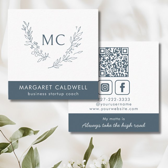 Monogram Wreath Neutral Slate Grey Square Business Card (Slate Gray Monogram Wreath Social Media Square Business Card)