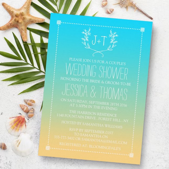 Monogram Wreath Ombre Beach Wedding Shower Invitation (Creator Uploaded)