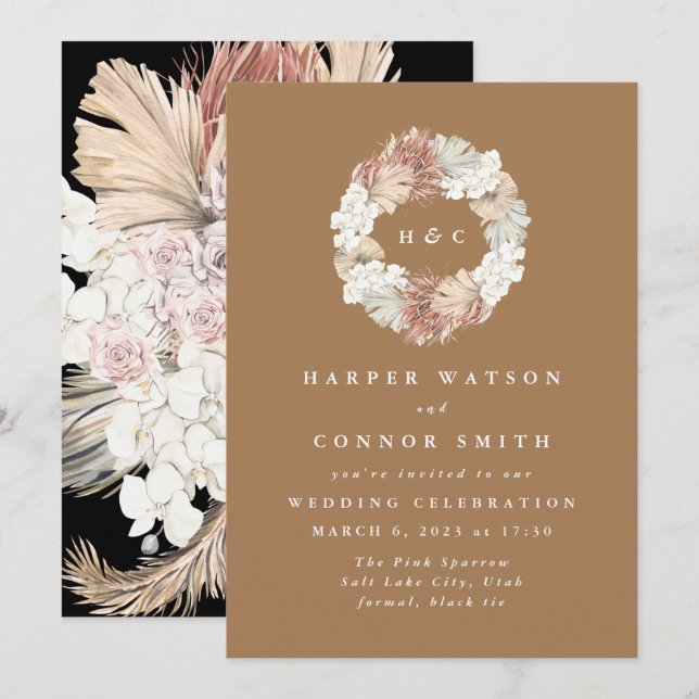 Monogram Wreath Pampas Grass Floral Tropical Invitation (Front/Back)