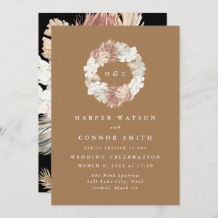 Monogram Wreath Pampas Grass Floral Tropical Invitation