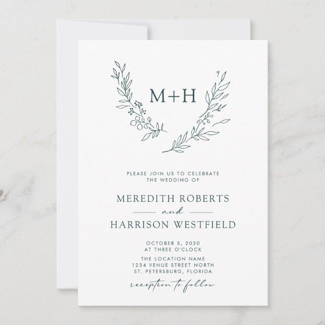 Monogram Wreath QR Code Forest Green Wedding Invitation (Front)