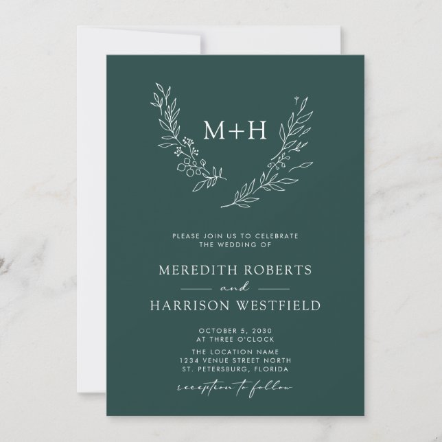 Monogram Wreath QR Code Forest Green Wedding Invitation (Front)