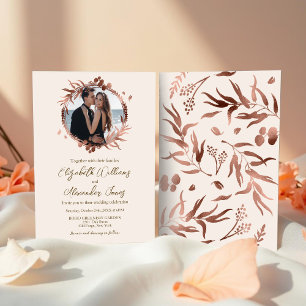 Monogram Wreath Rose Gold Foil Photo Wedding Invitation